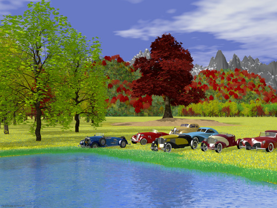 水辺の紅葉とクラシックカー