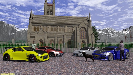 教会の前に並ぶ Nissan 370Z、Lexus LFA、Scion FRS