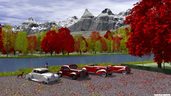 河畔の紅葉の森とクラシックカー
