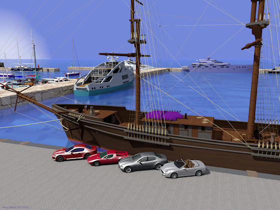 岸壁に停まる大型帆船とマセラティ4台