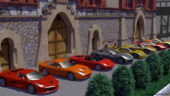 中世風な建物の前に並ぶ8台のフェラーリ