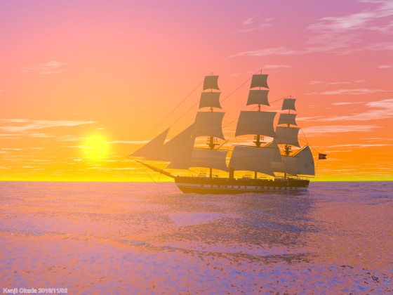 夕陽に重なる大型帆船「フリゲート ユラン」