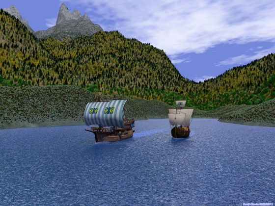 岩峰のある島の入江から出航する帆船