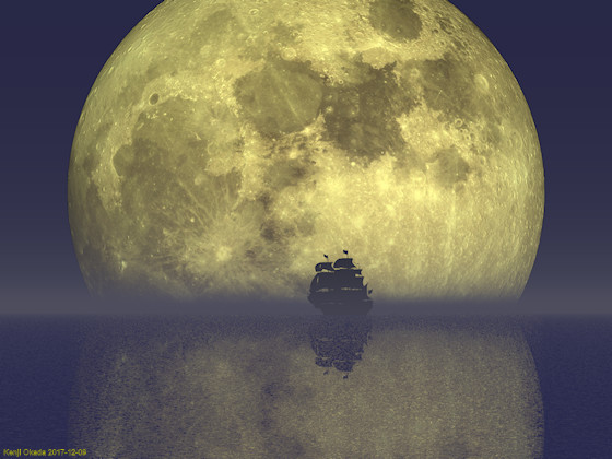 水平線に上る満月と帆船のシルエット