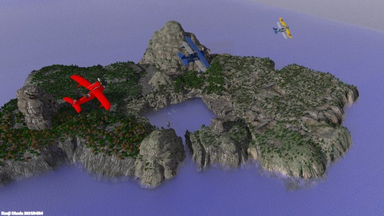 隠れ港のある島の上を飛ぶグラマン・カーチス・サボイア
