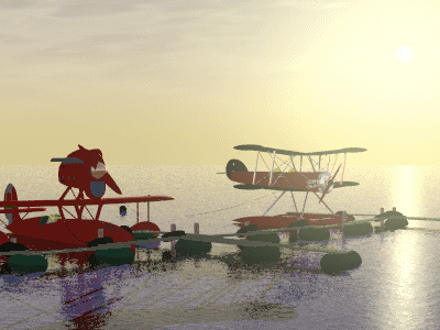 夕陽を背景に桟橋に舫う飛行艇