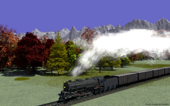 盛大に白煙を上げて走る蒸気機関車